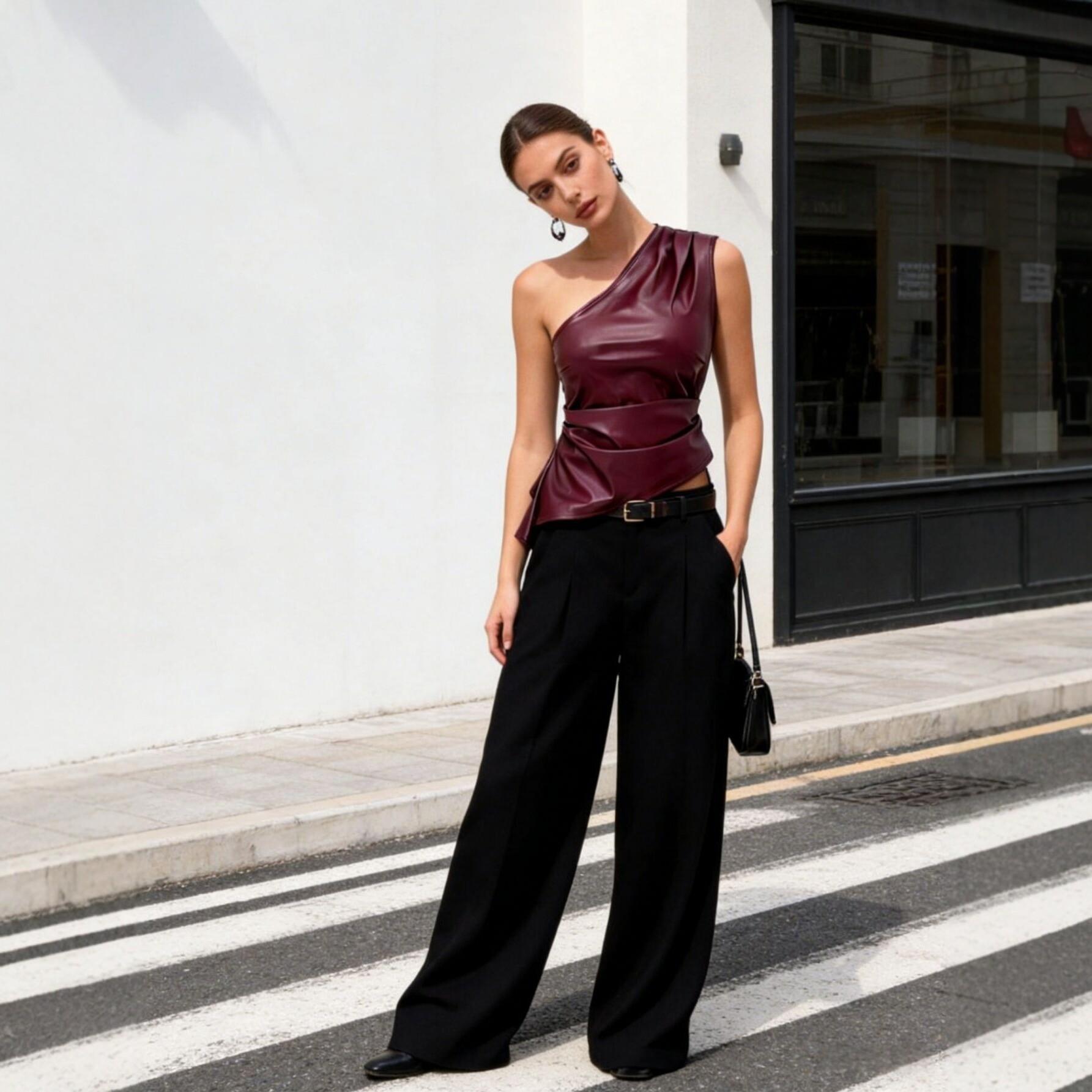 Amazon European and American style burgundy leather slanted shoulder vest women s summer new slim and thin design sleeveless top XL
