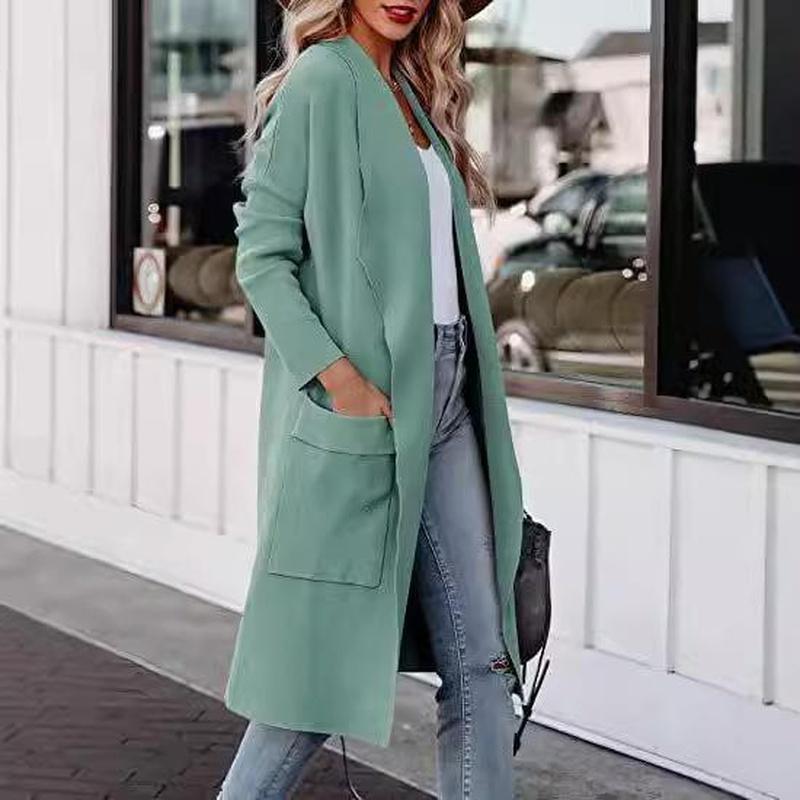 Women's Lapel Long Sleeve Open Front Cardigan Loose Fit British Style Long Knit Coat