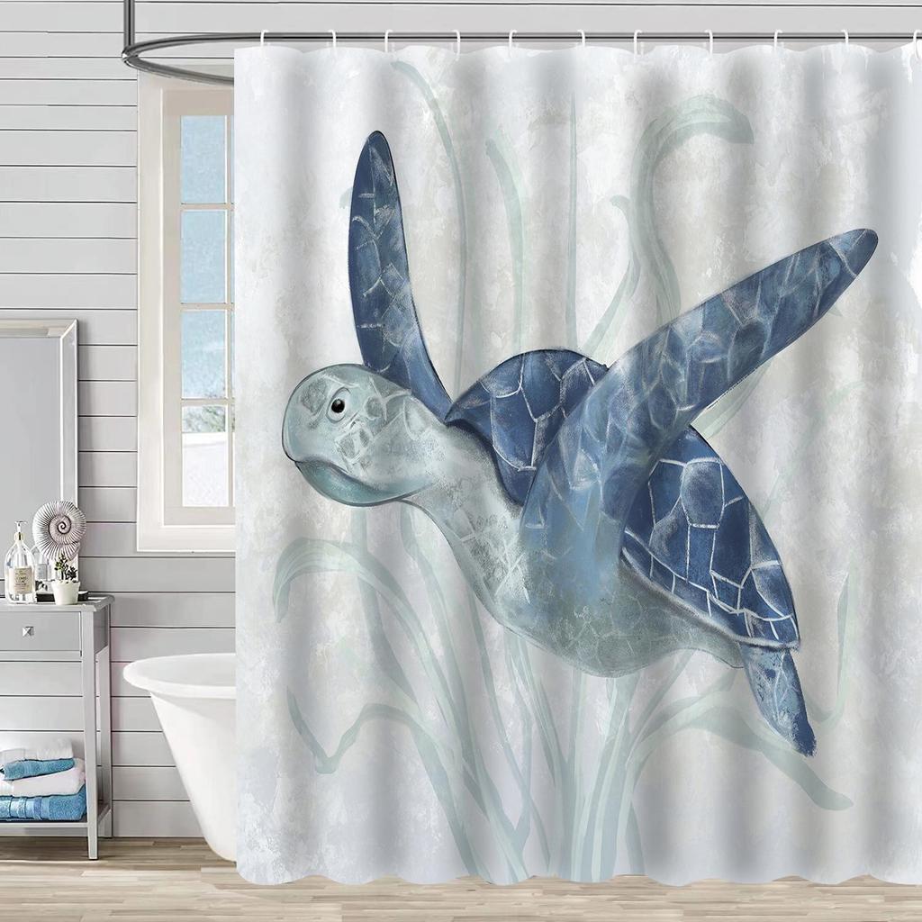 Coastal Marine Shower Curtain: Dolphin, Starfish, Seahorse, Seashell, Sea Turtle - Moisture-Proof, Mildew-Resistant, Waterproof, Beach Bathroom Décor