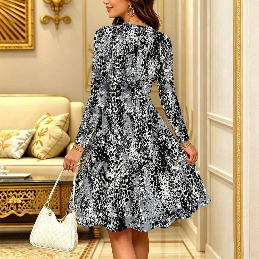 Women Long Sleeve Round Neck Midi Dress Boho Watercolor Plum Blossom Stripe Branch Dot Print Flared Dress