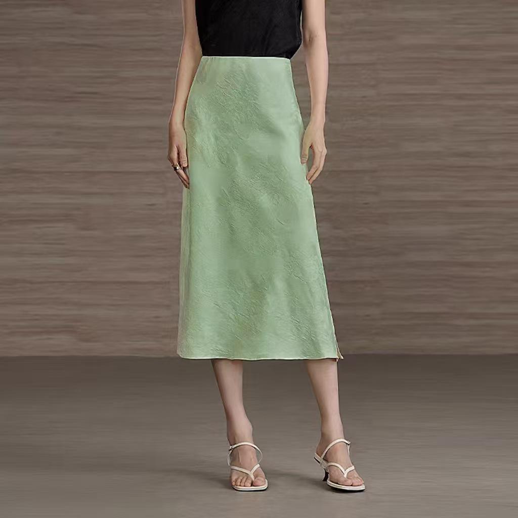 Women's Mid-Length Jacquard Silk Skirt - New Chinese Style for Autumn/Winter