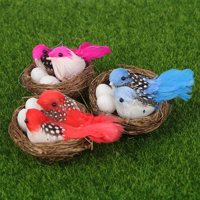 1 Set Artificial Feathered Birds & Nest & Egg Creative Craft Birds Sculpture Art Decoration Home Garden
