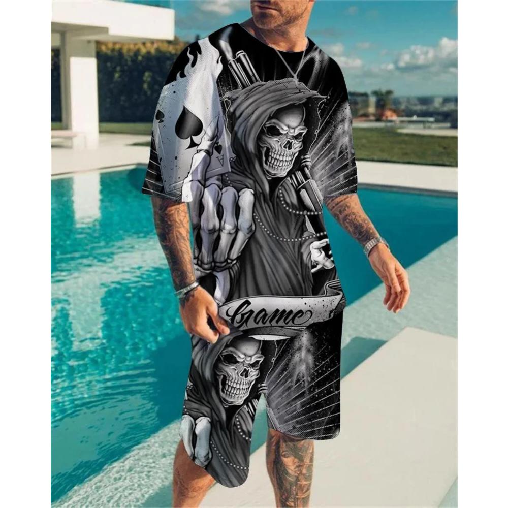 Goth Horror Skull 3D Print Punk T-Shirt Shorts 2 Piece Hip Hop Men Women's Fashion Streetwear Casual T-Shirt O-Neck Hot-selling