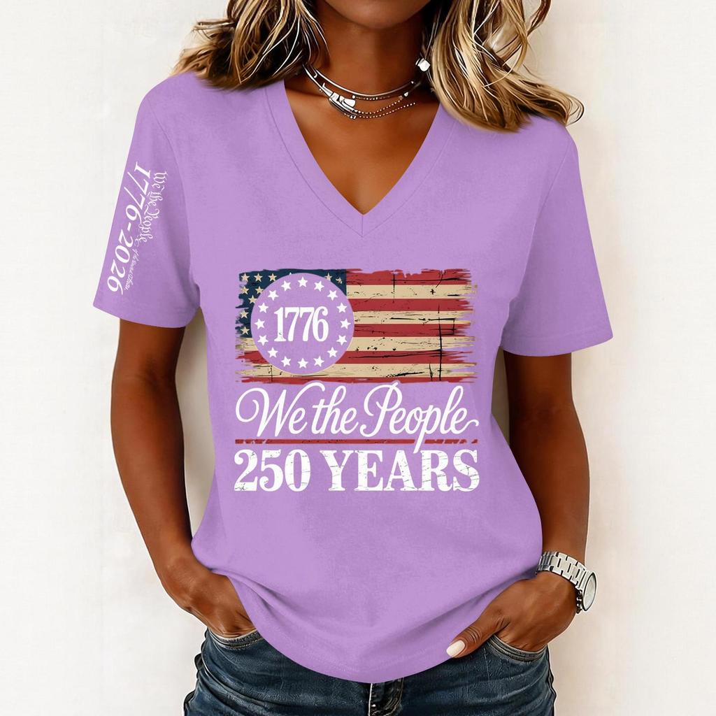 Women’s Fashion Casual Short Sleeve V Neck Pullover Top with 1776 and We the People 250 Years Graphic Print for Everyday Wear