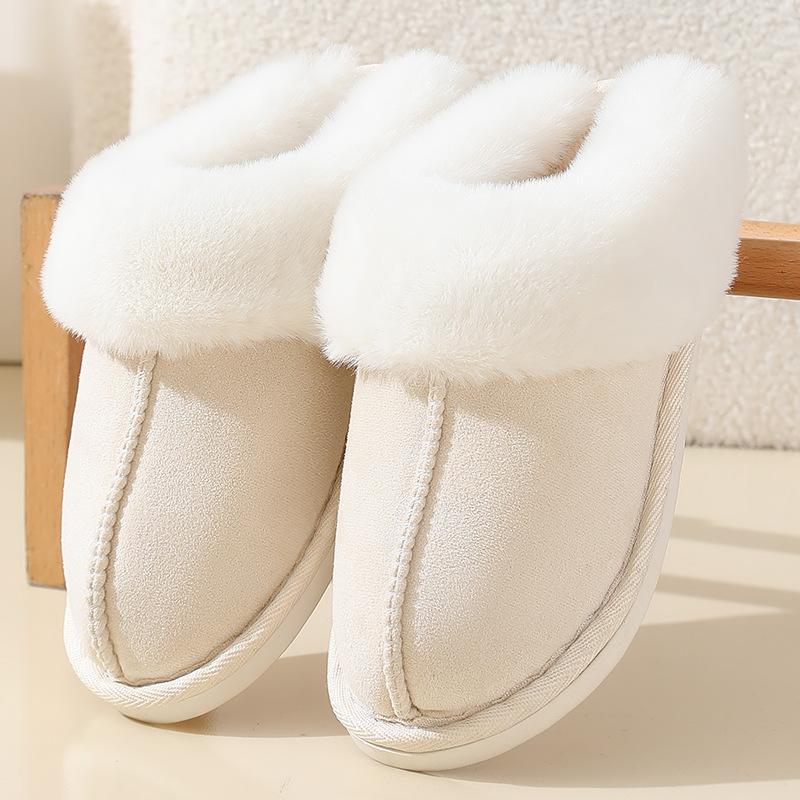 Winter Faux Suede Fur Collar Cotton Slippers for Men Women, Indoor Thick Sole Non-slip Warm Home Slippers
