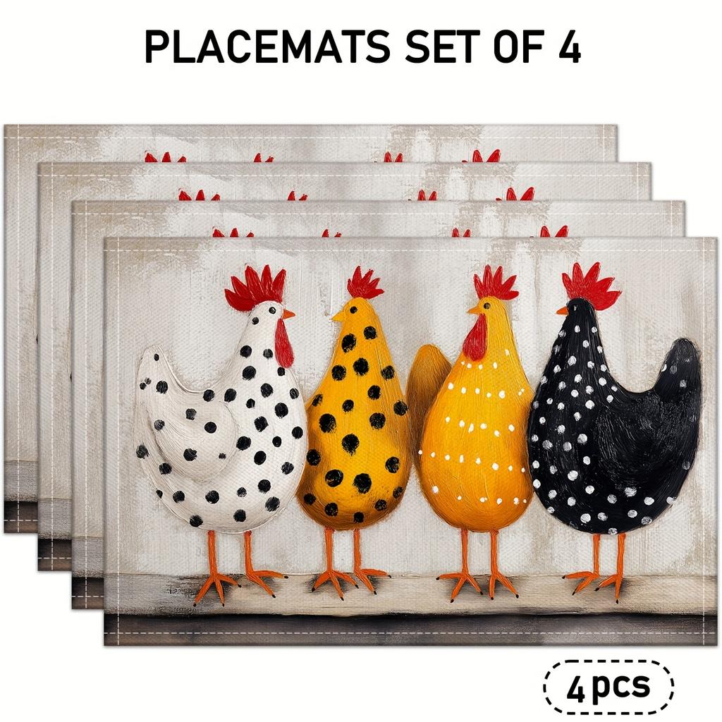 Set of 4/6 Vintage Cartoon Rooster Placemats, Hand-Painted in a Cute Cartoon Style with Polka Dots, Suitable for Festive Kitchen Table Decor, Everyday