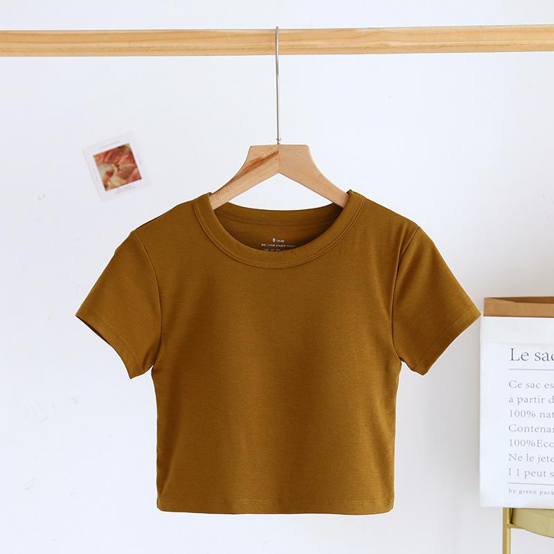 Women's Short-Sleeve Cotton Crop Top with Chest Pads, Round Neck, Summer Wear