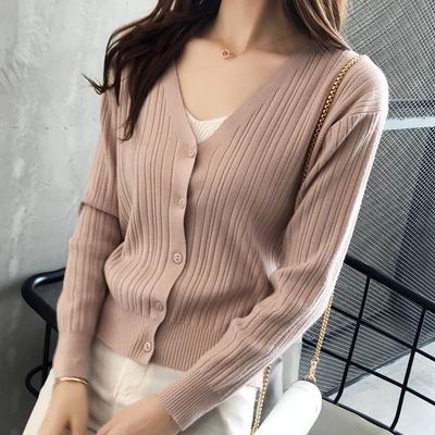 Autumn Winter Loose Short Outer V Neck Long Sleeve Solid Color Single Breasted Knitted Cardigan
