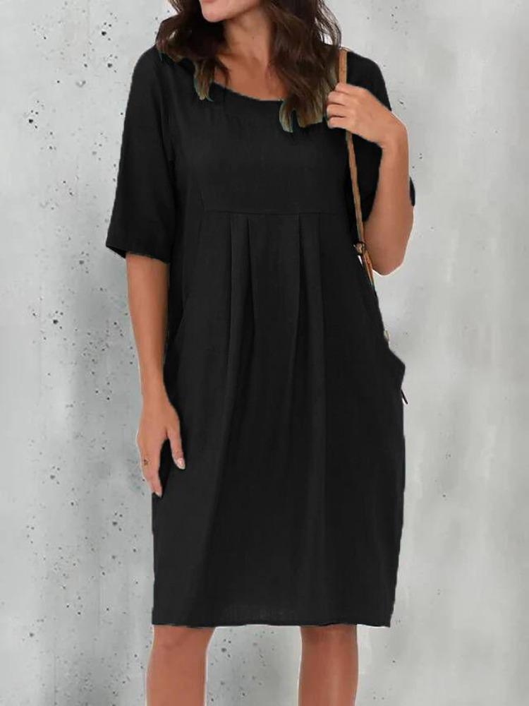 Lockeres Damen Freizeitkleid Baumwolle Leinen Kurzarm Rundhals Falten Tasche