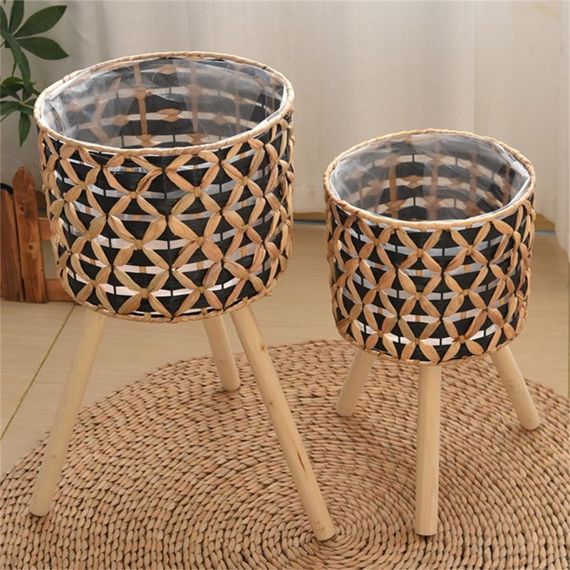 Wood Legged Gourd Grass Plant Stand for Indoor Outdoor Display Hand Woven Planter Basket Flower Pots Storage Container
