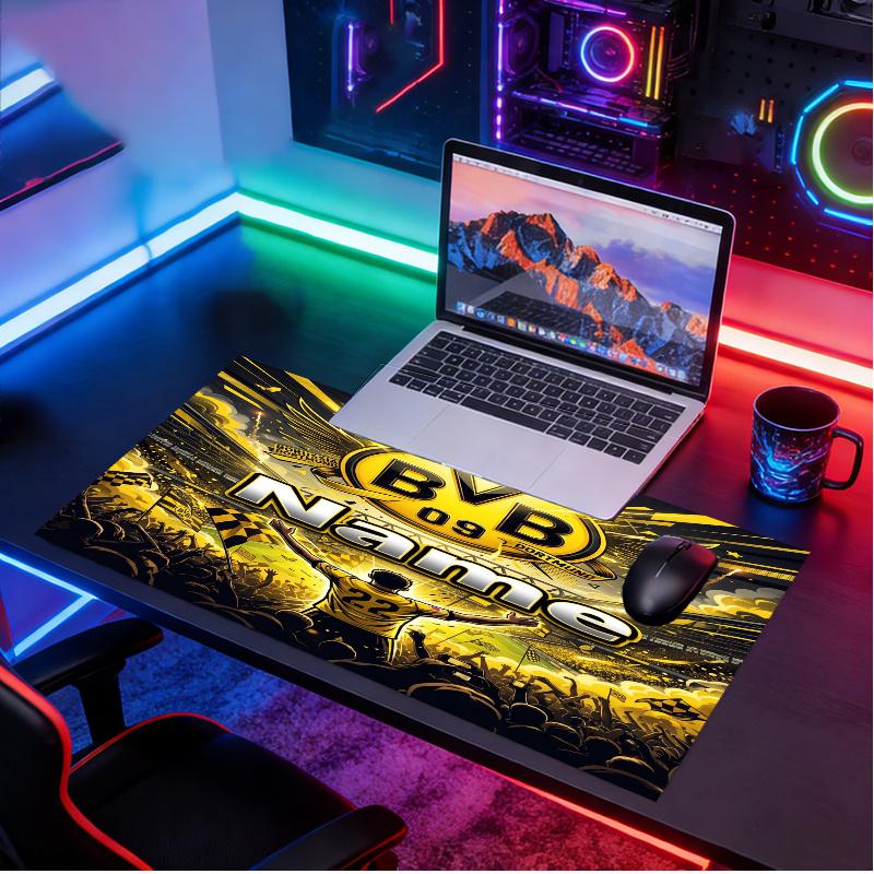 Custom Name Personalized Borussia Dortmund Bvb Pattern Mousepad, Laptop PC Desk Mat, Decorative Desk Mat for Home Keyboard Pad Gift