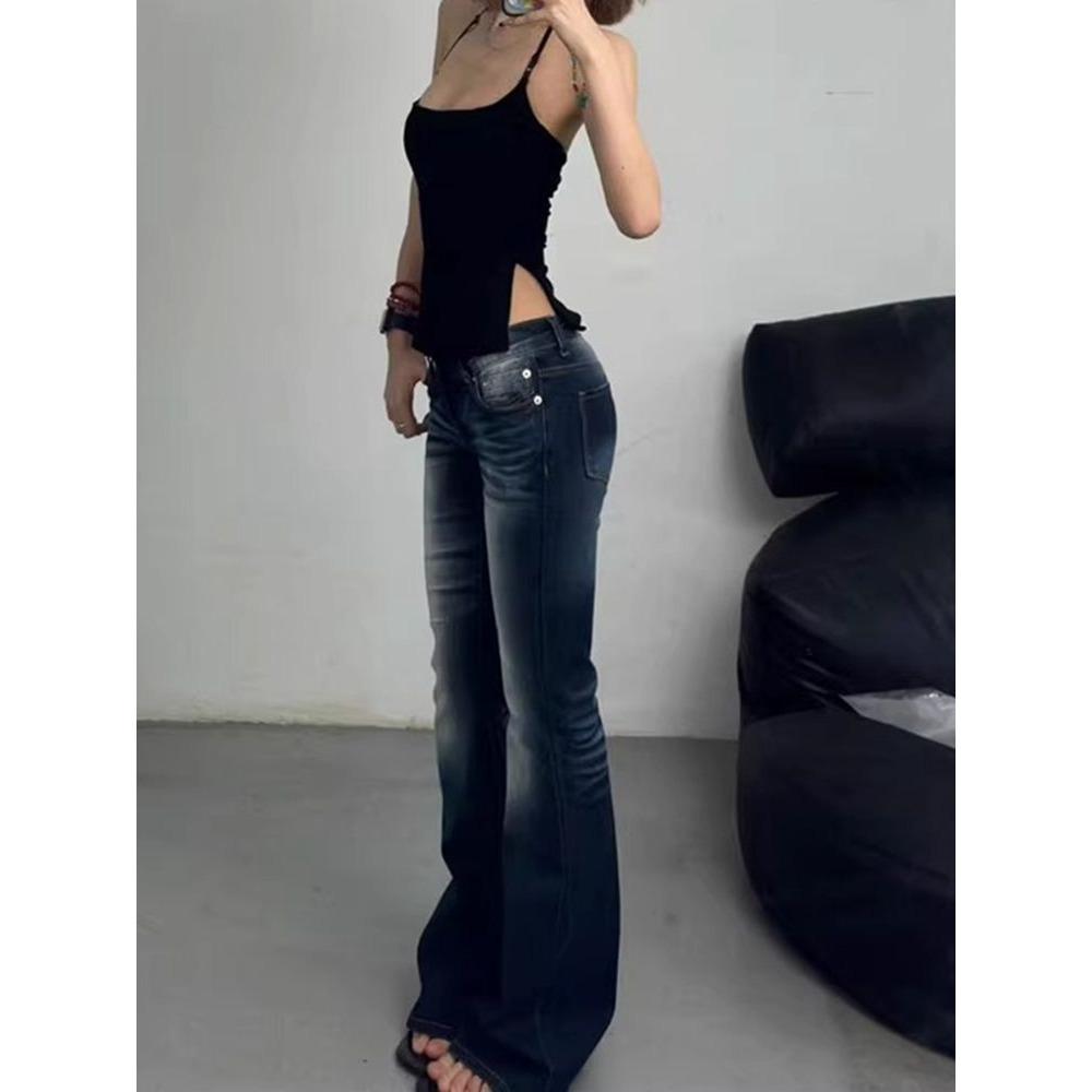 Kvinnor japanska Harajuku Trashy Y2K-jeans Lågfärgade jeansbyxor med klockbotten långa byxor pop Vintage Slim