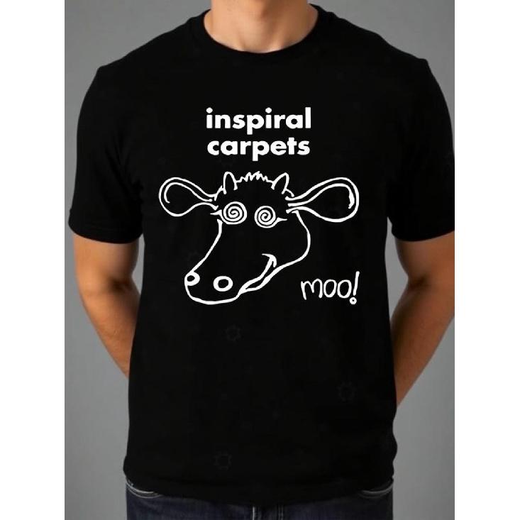 Humorous Casual T-Shirt with a Round Neck, Featuring a Vintage Design from The Indie Rock Band Inspiral Carpets, Showcasing a Cow Logo. Perfect for S чёрный