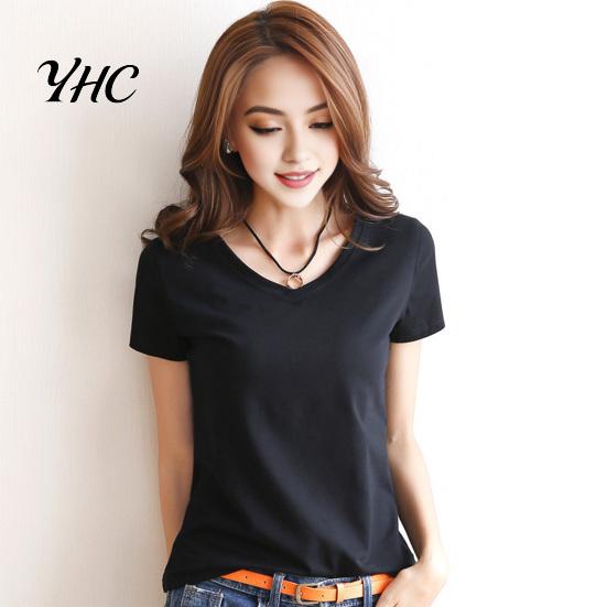 Round Neck Tee Women Summer T-shirt V-neck Short Sleeve Slim Fit Shirt Solid Color Pullover Tops Stretchy Bottoming Streetwear