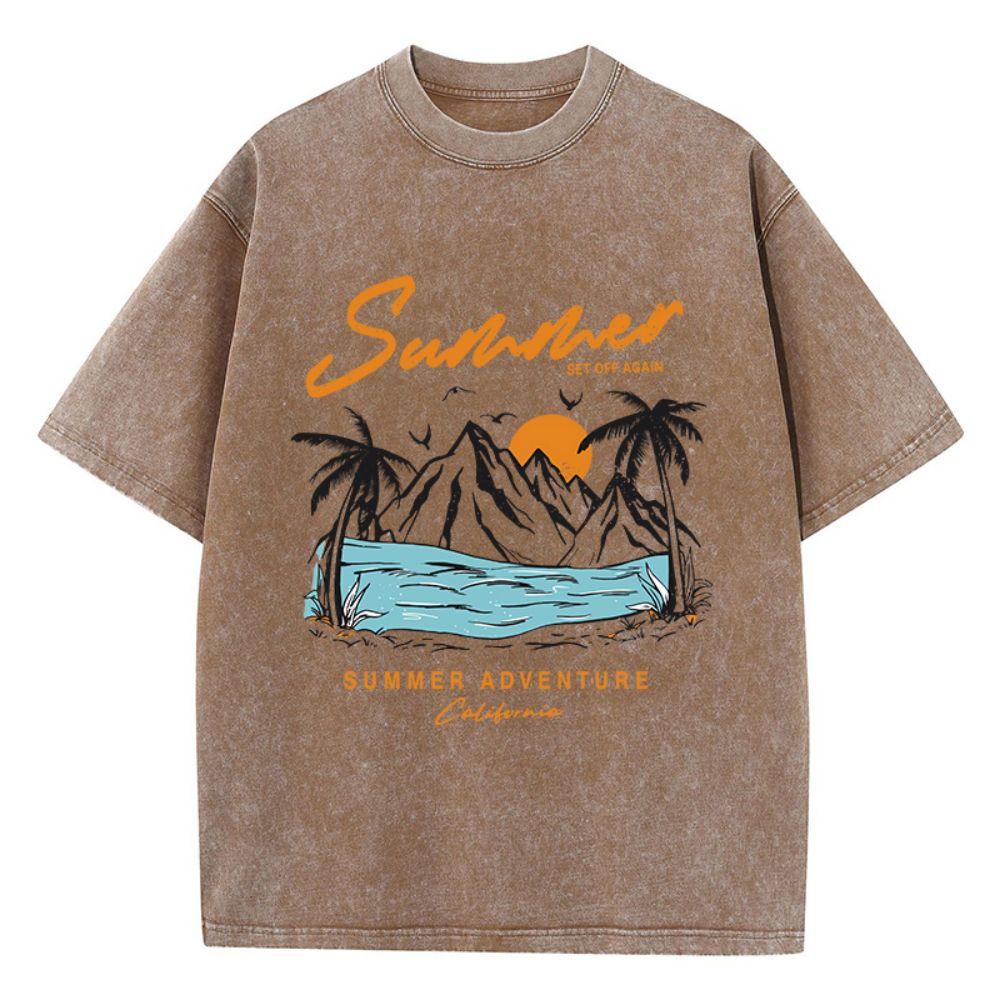 Fashion Women'S Cotton Washed T-Shirts Summer Adventure Sunset Printing Tops Oversize O-Neck Soft Short Sleeve Female Clothes