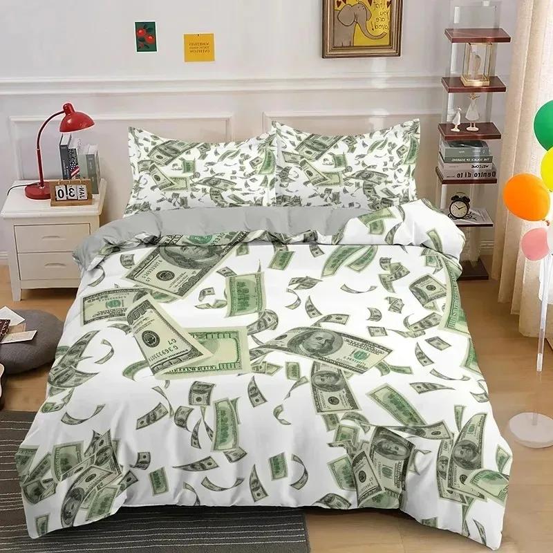 3D Modern Money Bedding Set Dollar Motif Printed Duvet Cover Vivid Comforter Cover 3 Pieces Money Pattern Funny Soft Bed Set