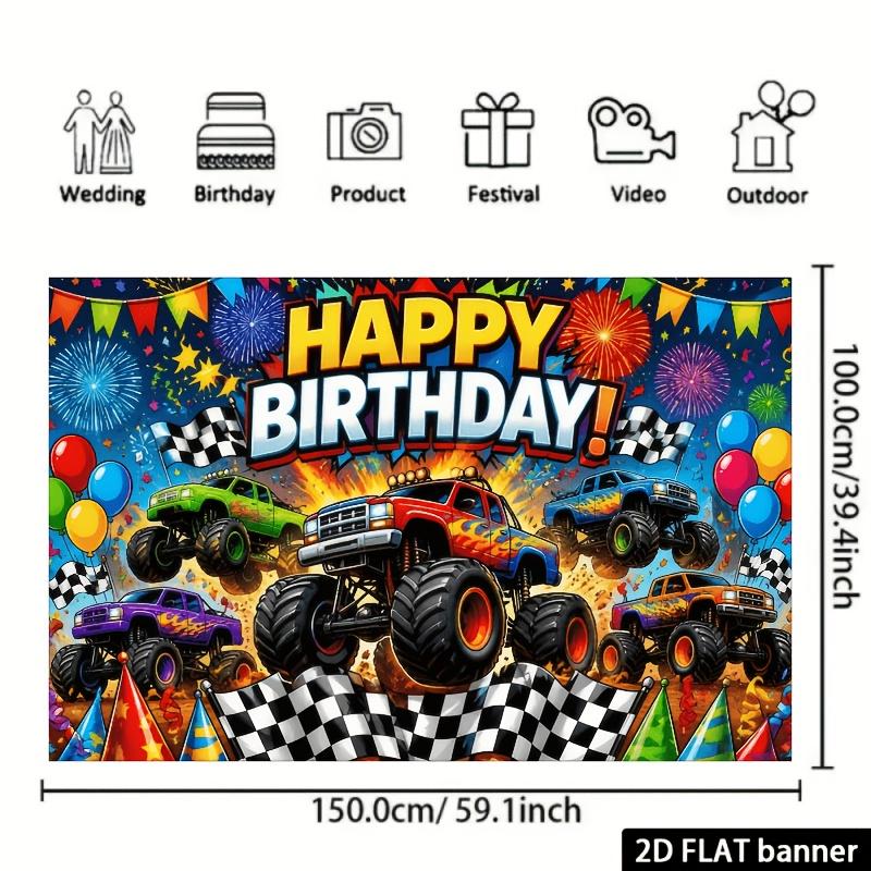 2D plane Birthday happy monster truck background cloth with multiple vehicles large-footed off-road trucks