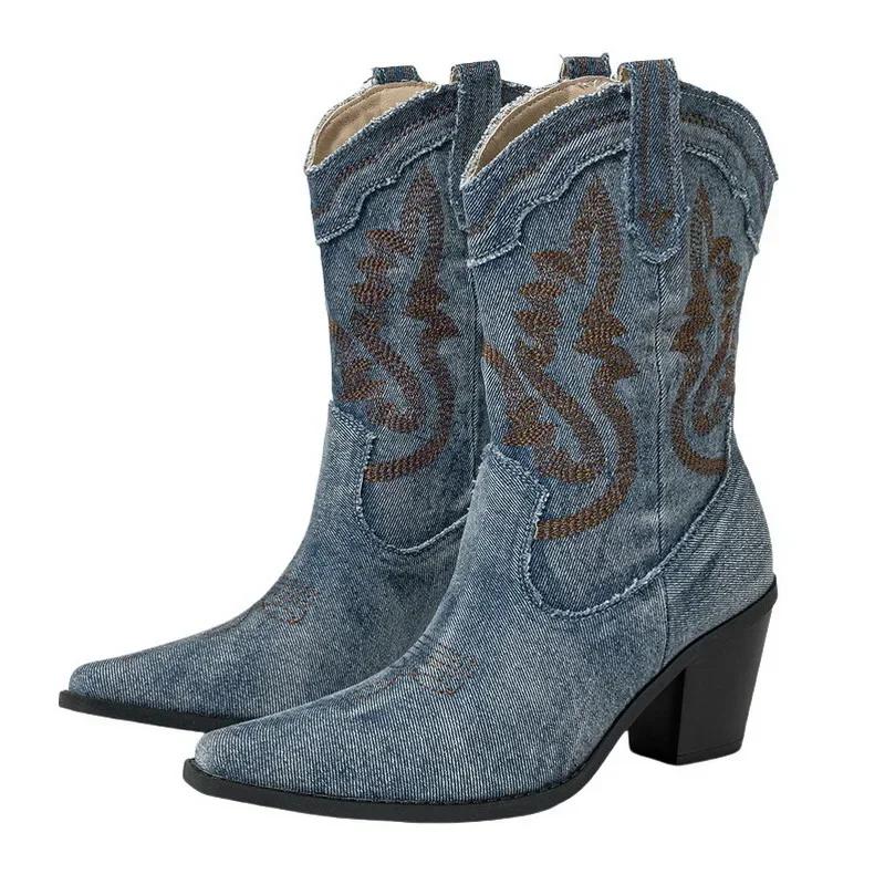 Damen Bestickte Denim Stiefeletten Hoher Dicker Absatz Westernstiefel für Büro Nachtclub Party Gesellschaftliches Treffen Geburtstagsfeier OL