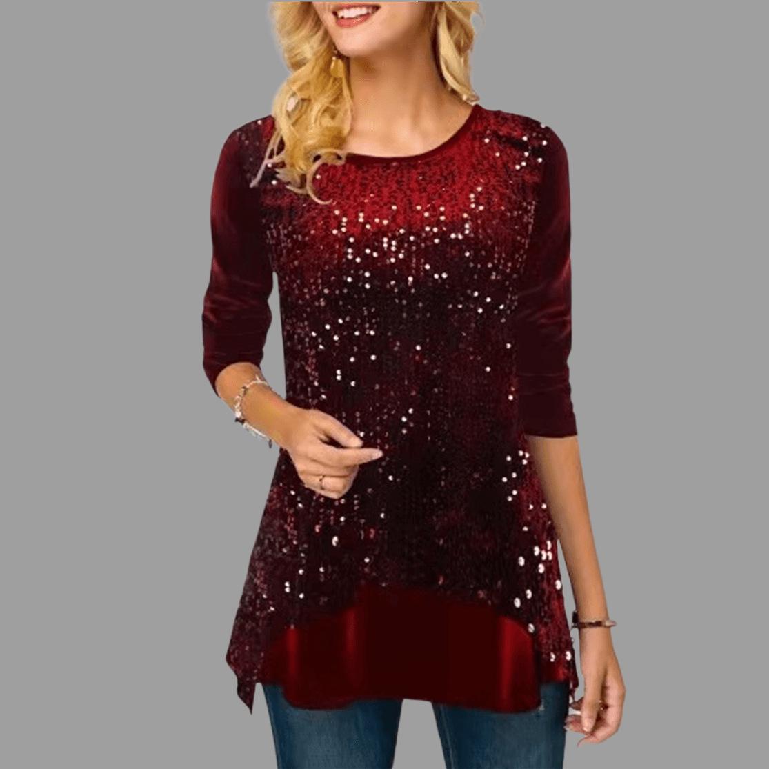 Sequined Print Round Neck Irregular Hem Long Sleeve Women s Top XXL красный