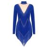 Womens Latin Dance Dress Mock Neck Long Sleeve Irregular Hem Shiny Rhinestones Tassel Performance Costume