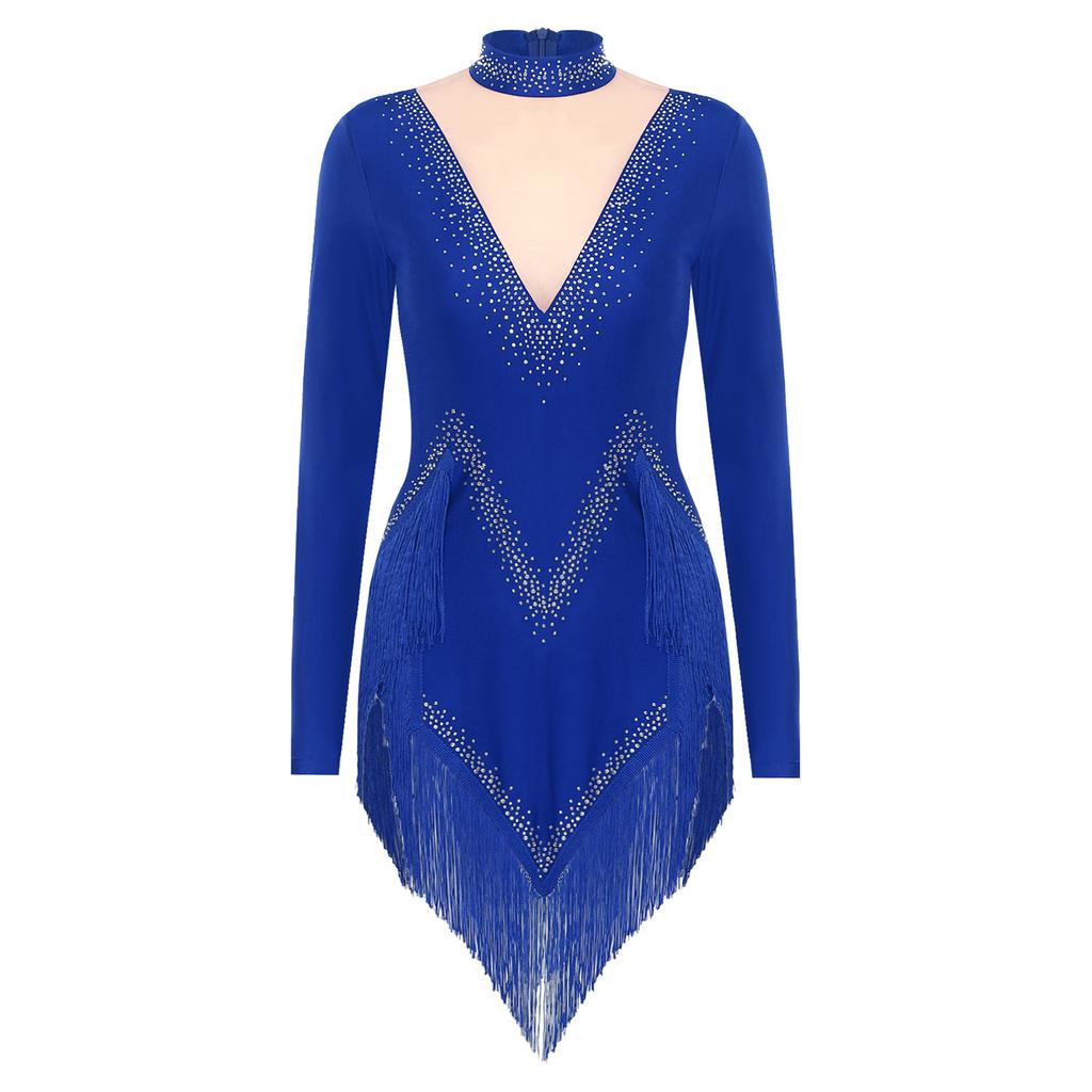 Womens Latin Dance Dress Mock Neck Long Sleeve Irregular Hem Shiny Rhinestones Tassel Performance Costume
