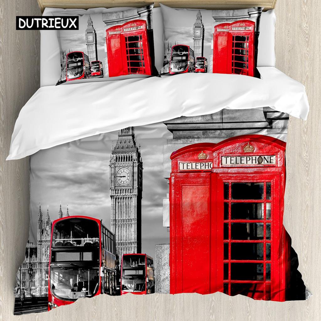 UK London Stil Königin König Bettbezug Britische Elemente Bettwäscheset für Teenager Erwachsene London Bridge Big Ben Polyester Steppdeckenbezug