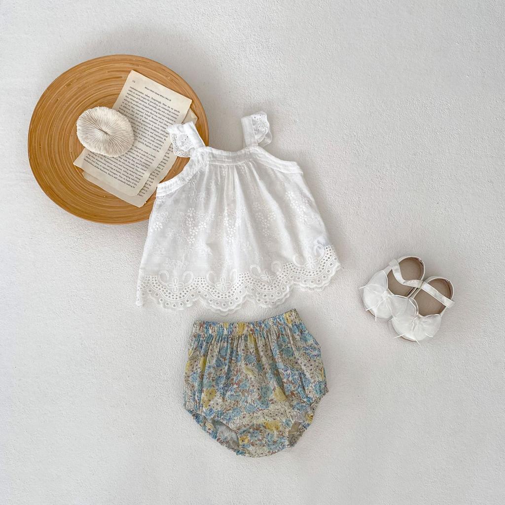 Summer New Baby Clothes Girl Baby Lace Small Flying Sleeves Hanging Strap+Bread Pants Baby Clothes