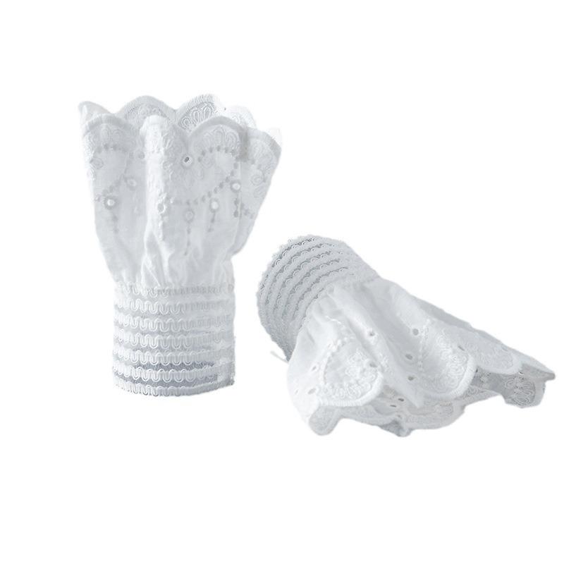 Womens Pleated Ruffles Horn Cuffs Hollow Out Lace White Embroidery Floral Lace Fake Sleeves Double Layer Sweater Wristband