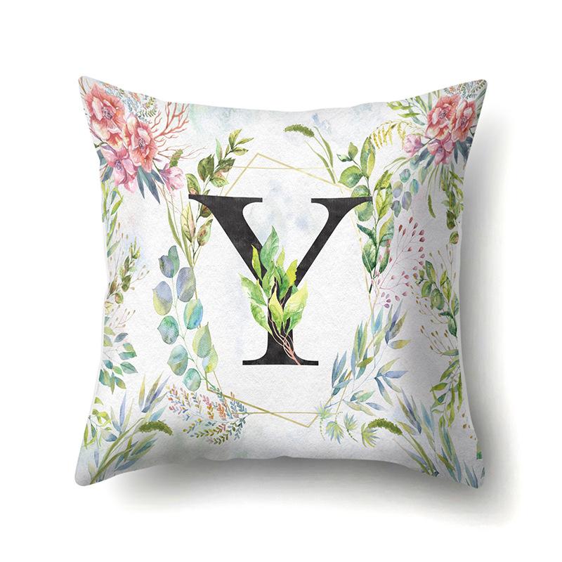 Polyester Pillowcase Green Leaf Decorative Print Pillowcase 26 English Letter Cushion Cover