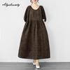 Korean Style Plus Size Summer Women Midi Dress O Neck Brown Floral Print Cotton Dress Vintage Lantern Sleeve Oversized Gown