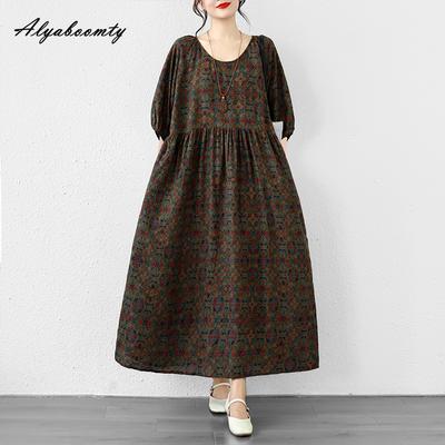 Korean Style Plus Size Summer Women Midi Dress O Neck Brown Floral Print Cotton Dress Vintage Lantern Sleeve Oversized Gown