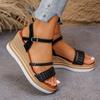 Wedge heel leather sandals summer new buckle high heel thick sole heightening casual sandals
