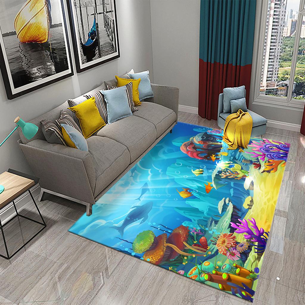 Underwater World Ocean Theme Carpet Cute Dolphin Octopus Sea Turtle Pattern Anti-slip Floor Mat for Living Room Bedroom Bathroom