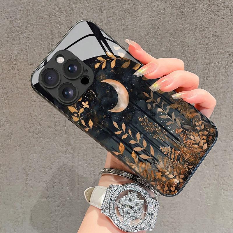 Minimalist Grass Jungle Moon Pattern Tempered Glass Phone Case For iPhone 16 15 14 13 12 11 17 Pro Max 16E 7 Plus XR XS X Cover