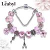 New Valentine's Romantic Pink Heart Charm Bracelet & Bangle Fine Crystal Diy Bead Bracelet Jewelry for Women Girl Gift