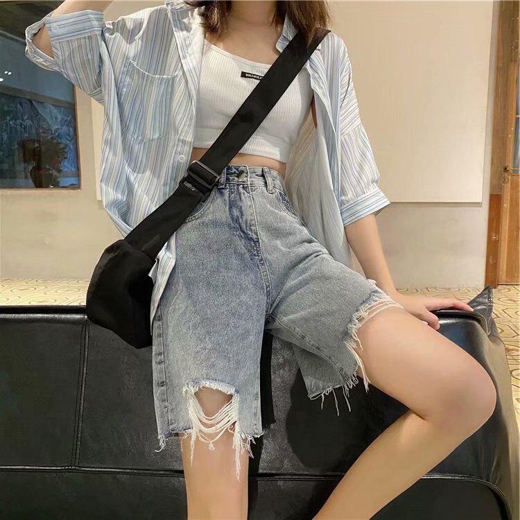 2022 Summer Trendy Women's High-Waisted Ripped Denim Shorts - Loose, Wide-Leg, Mid-Length