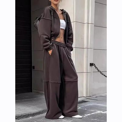 Damski dres casualowy dwuczęściowy zestaw panelowe paski sportowy hipsterowski bluza z kapturem zapinana na zamek szerokie spodnie