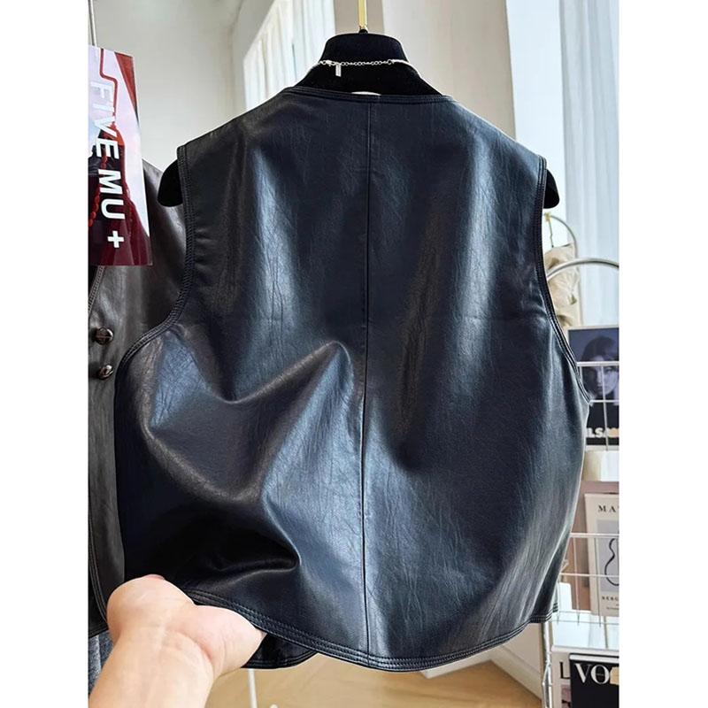 Spring Autumn Retro Style Fashion Women's Suit Vest Jacket Sleeveless Korean Version Ladies Leather WaistCoat Coat