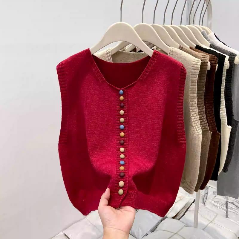 Fashion Elegant Loose Sleeveless Knitted Cardigan Sweater Vest Women 2025 Autumn Winter Casual Buttons Waistcoat Simple Solid Color Tops Clothing
