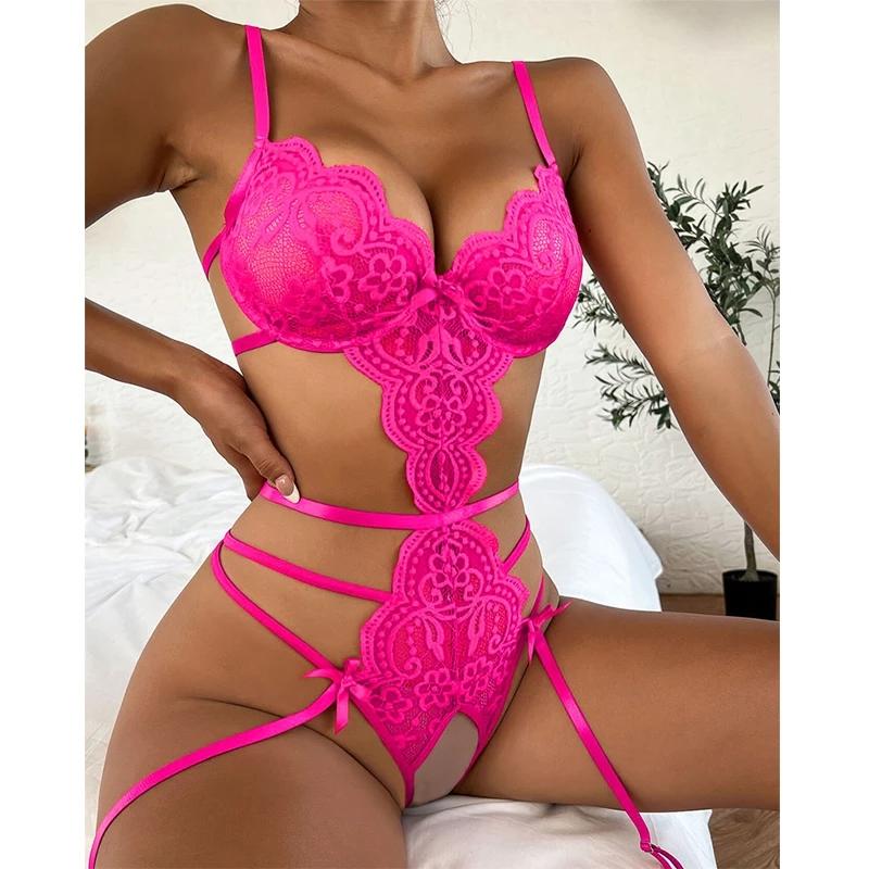 Erotic Lingerie For Women Lace Transparent Bra Set Sexy Costumes Deep V Open Bra Crotchless Bodysuit Female Teddy Underwear Set