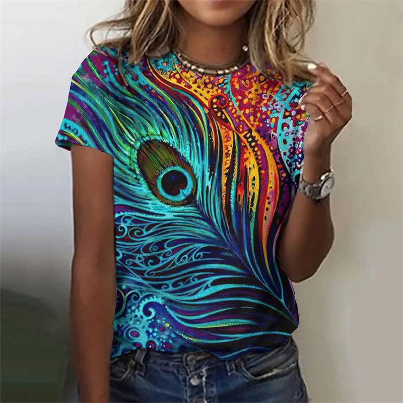 

Feather Short Sleeved T-shirt 3D Printed Clothing Animal Art Women s T-shirt S