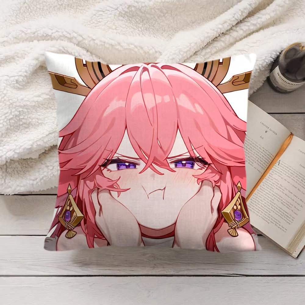 

Yae Miko Genshin Impact Cushion Cover Silky Short Plush Invisible Zipper Dustproof Sofa Pillow Case For Home Decor 30x30cm