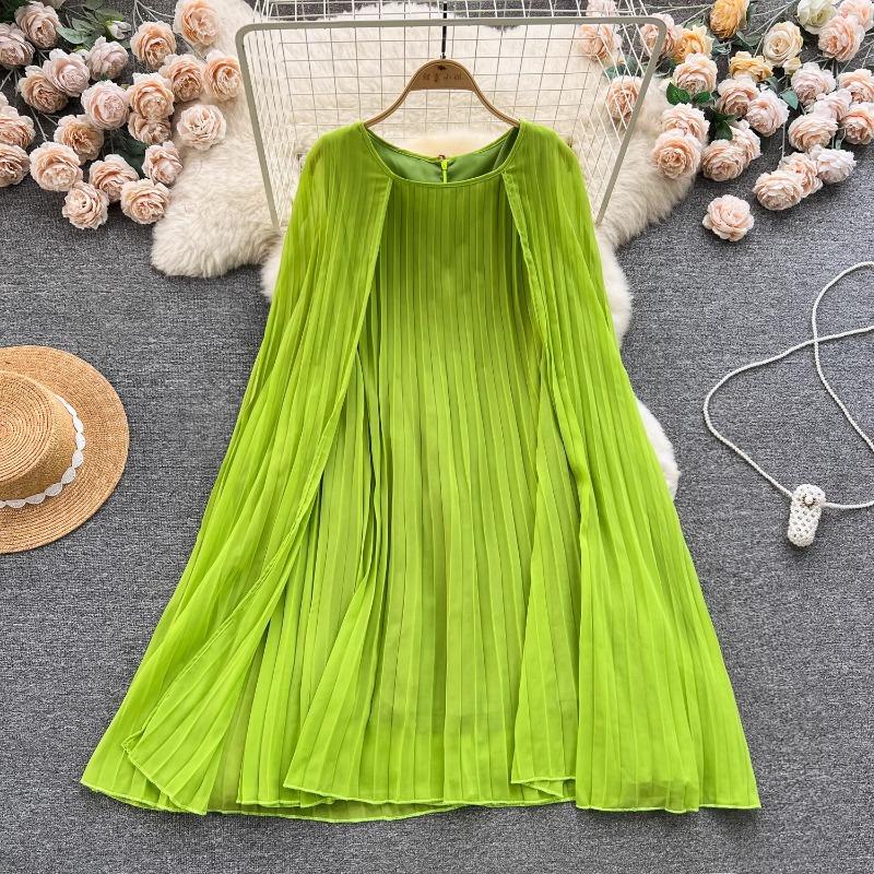 Vår Ny O-hals Kappe Kjoler Tungt Rynket Løs A-linje Kjole for Kvinner Y2k Middels lengde Rett Kvinnekjoler