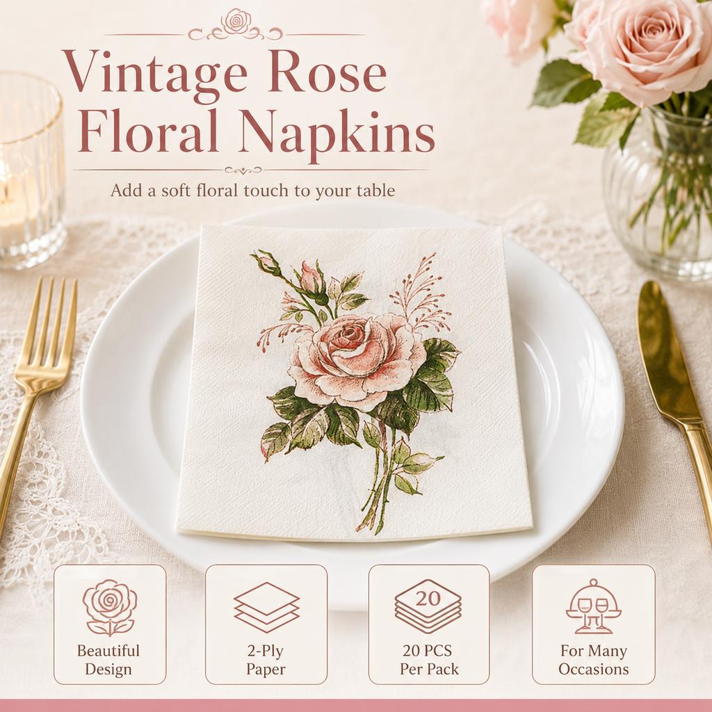 Vintage Rose Floral Paper Napkins 20Pcs 2-Ply Table Napkins for Party Wedding Tea Time Decor