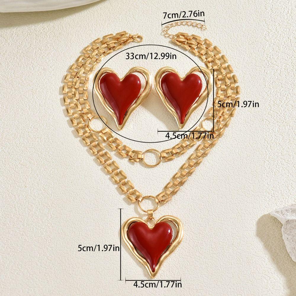 Chunky Chain Statement Necklace Gold Color Heart Pendant Necklace Earrings Jewelry Set  Casual Wear