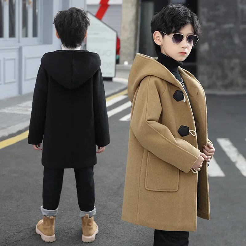 Große Jungen Wollmantel Frühling Herbst Fashion Solid Kapuze Jacken Mantel Outwear Kinder Mantel