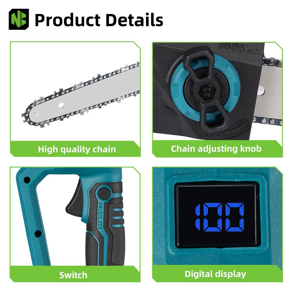 Newbeny Motosega elettrica senza spazzole da 12 pollici con display a LED, sega da giardino per il taglio del legno senza fili, per batteria Makita da 18 V