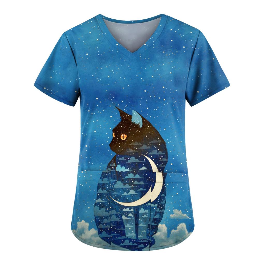 Women Printing Short Sleeve V-neck Tops Working Uniform Pocket Blouse