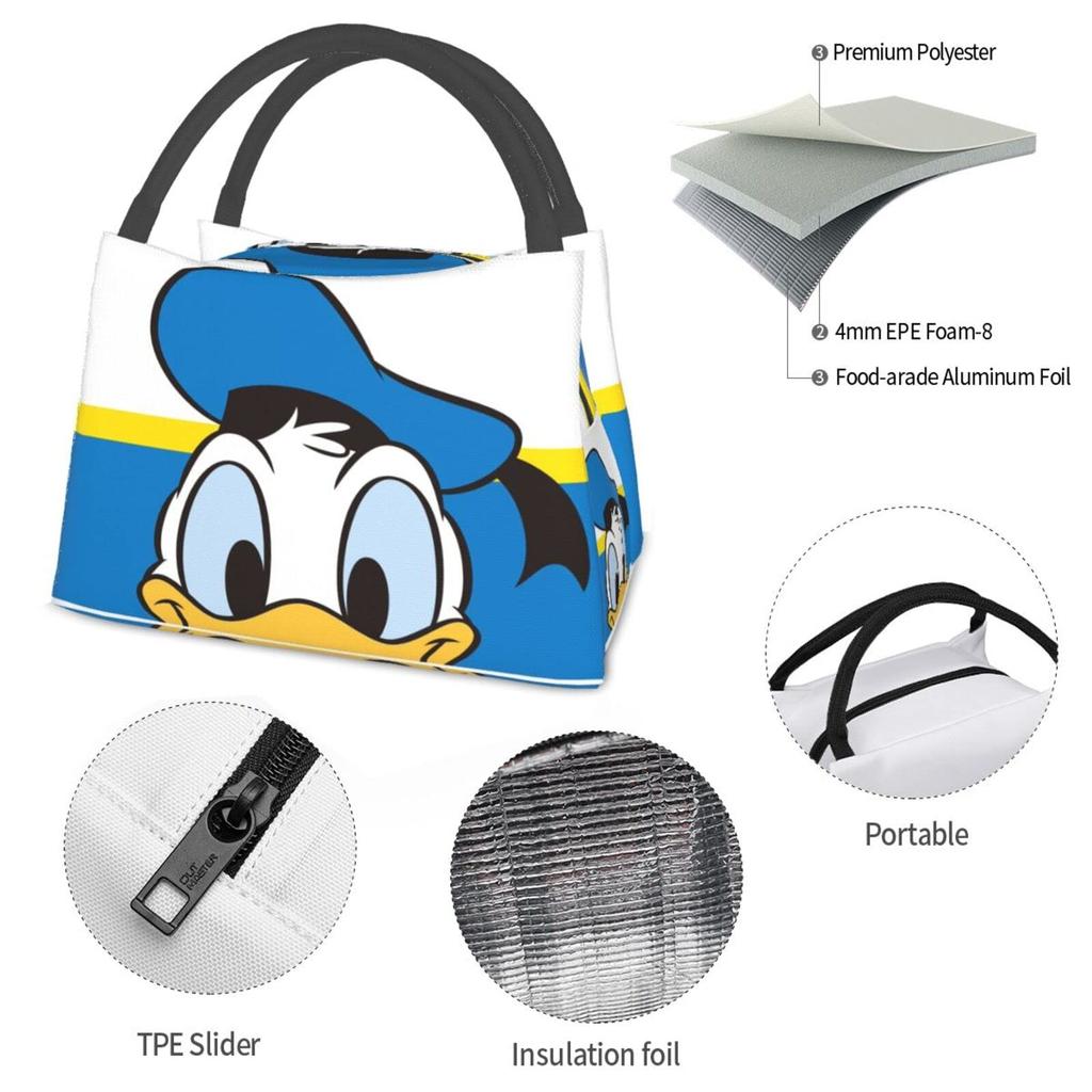 Donald Duck Insulated Lunch Bag with Clasp Bento Cooler Bag with Soft Cooler Bag Closure, Black, Box, Insulated, Zipper, Compact, Bag, Tote/Eco