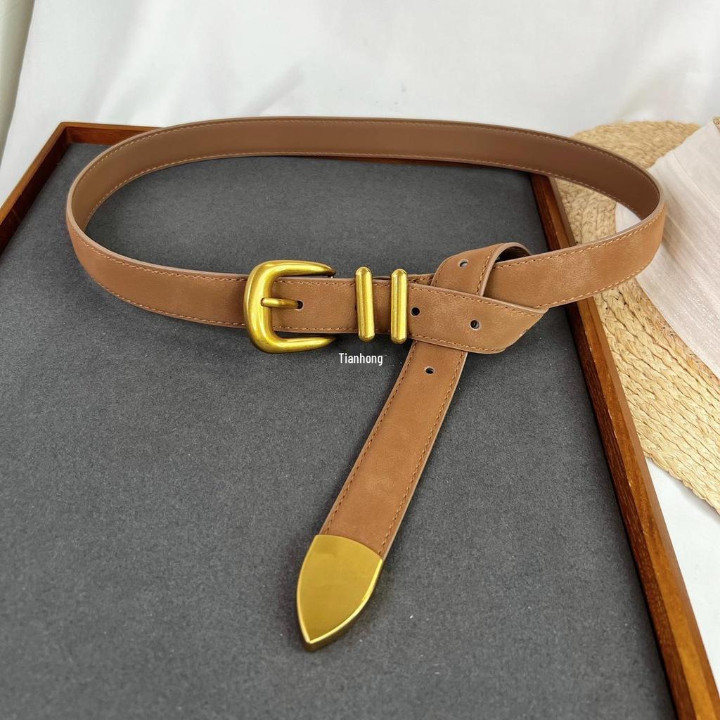 Ceinture Rétro à Boucle Dorée en Daim - Accessoire en Cuir de Vachette Style Myerard pour Pantalon